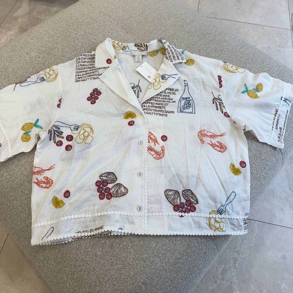 NWT Caroline Constas Frutti di Mare Embroidered Recipe Shirt - Size L